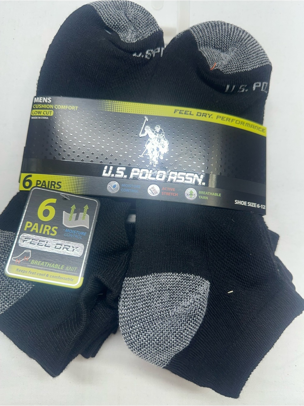 U.S. Polo Assn. Men’s Low Cut Athletic Socks - Black with Gray Accents (6 Pack)